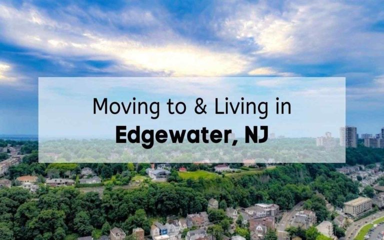 An aerial view of the Edgewater waterfront and skyline on a partly cloudy day, illustrating the lifestyle of living in Edgewater NJ.