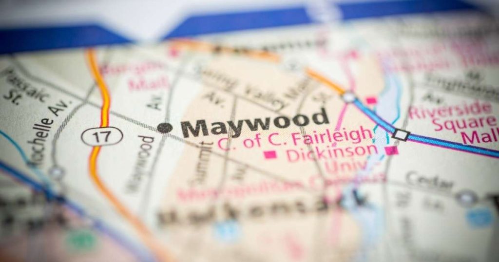 Close-up map view of Maywood, NJ, a Bergen County community often served by trusted movers like Harrington Moving & Storage.