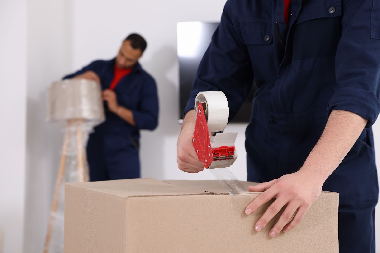 Close up shot of Edgewater NJ mover taping up a box while another mover carefully wraps a lamp in plastic wrap in the background.
