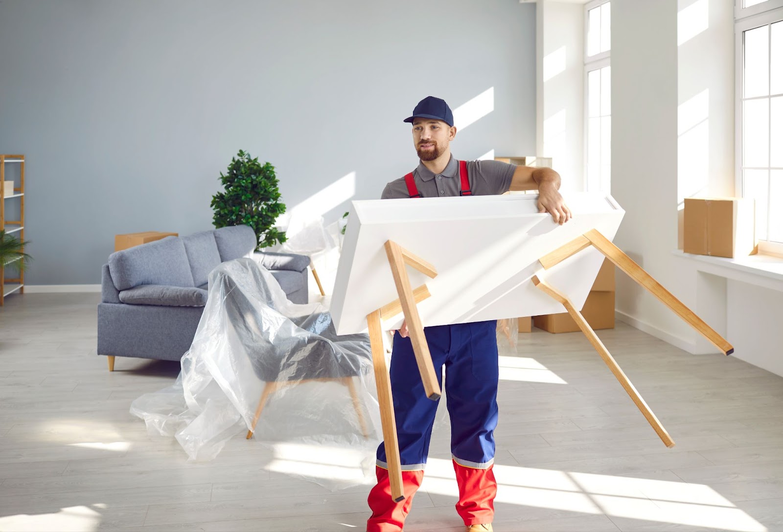 Mover carrying a table out of a home