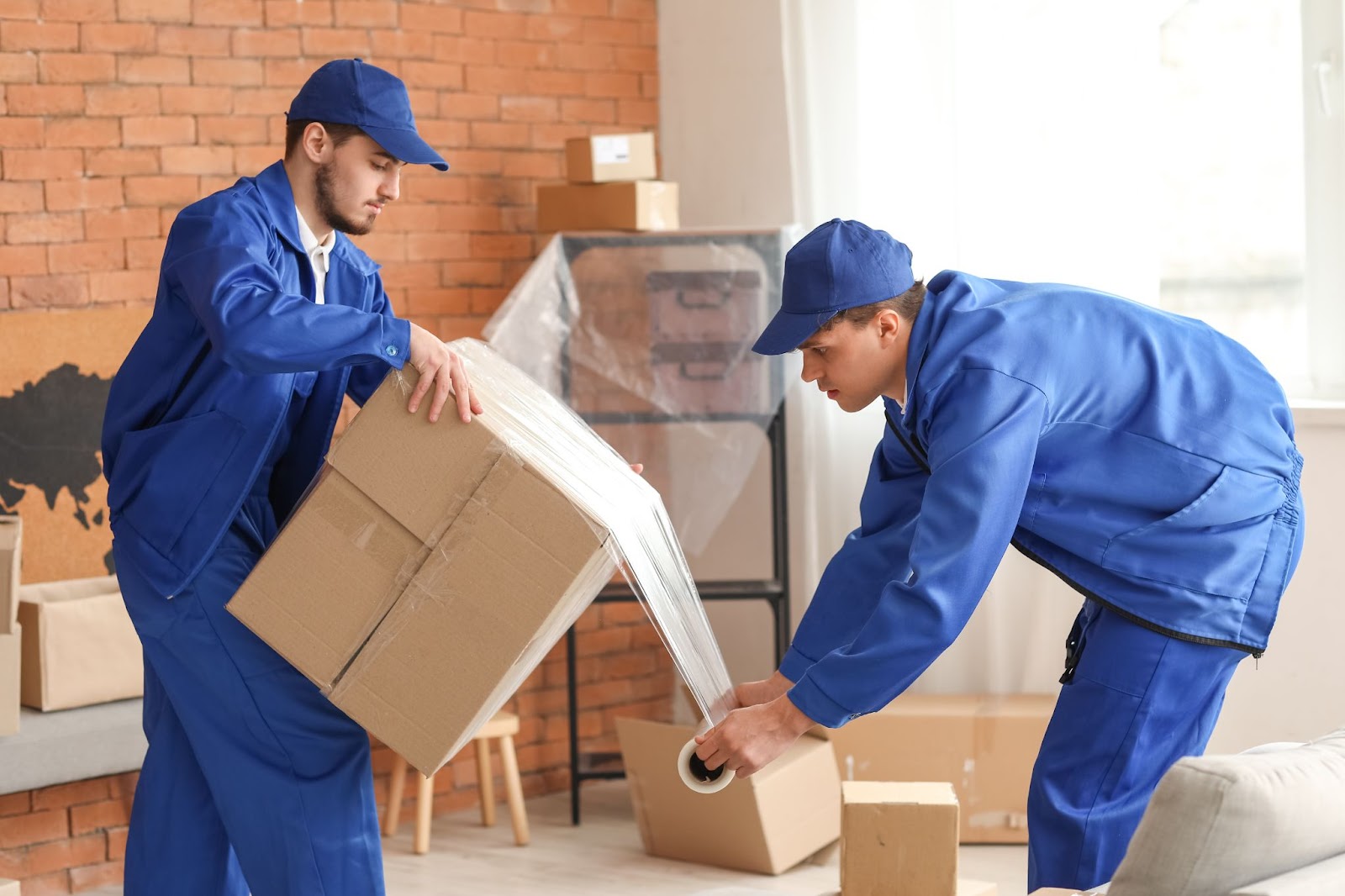 One Edgewater mover holds box while other wraps it in plastic wrap
