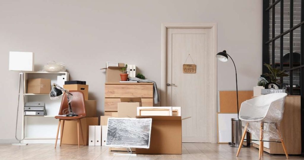 Various household goods and boxes ready for a move. 