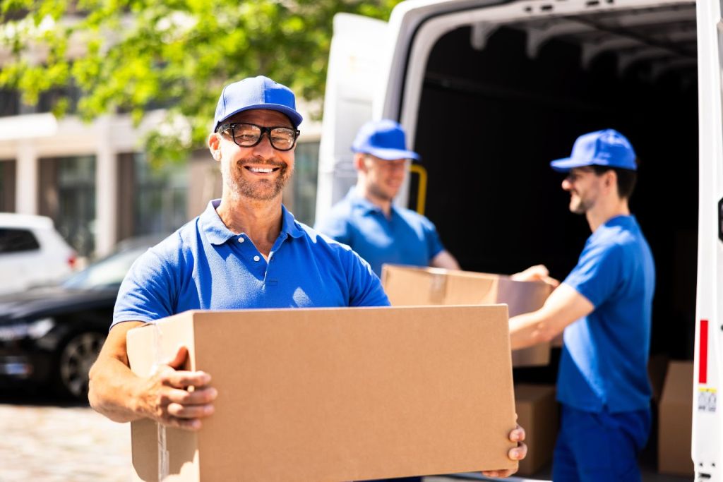 Mover in blue shirt and cap holding a box and smiling at the camera while two movers unload boxes in the background.
