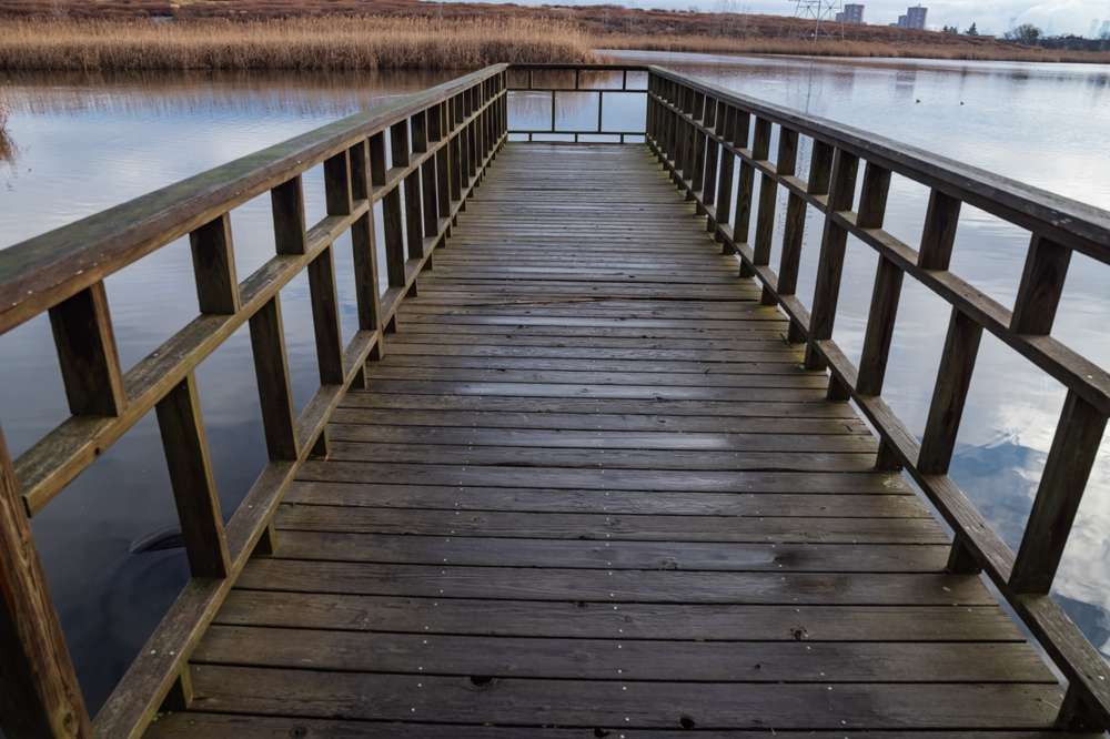 Wooden bridge in North Arlington NJ leading to a local pond
