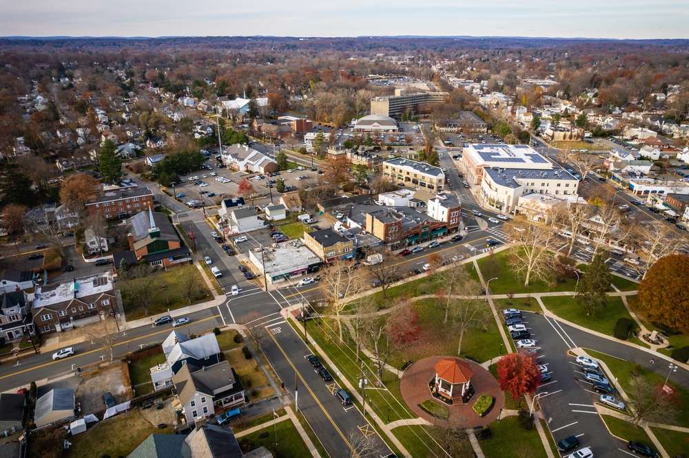 An aerial view of the main square of westwood new jersey
