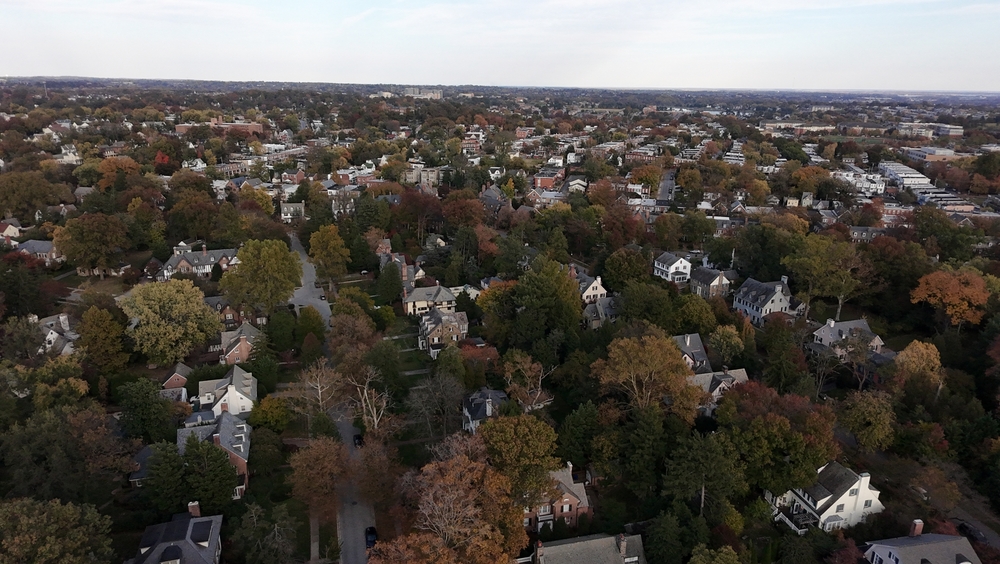 An aerial view of a small suburban neighborhood in bergen county
