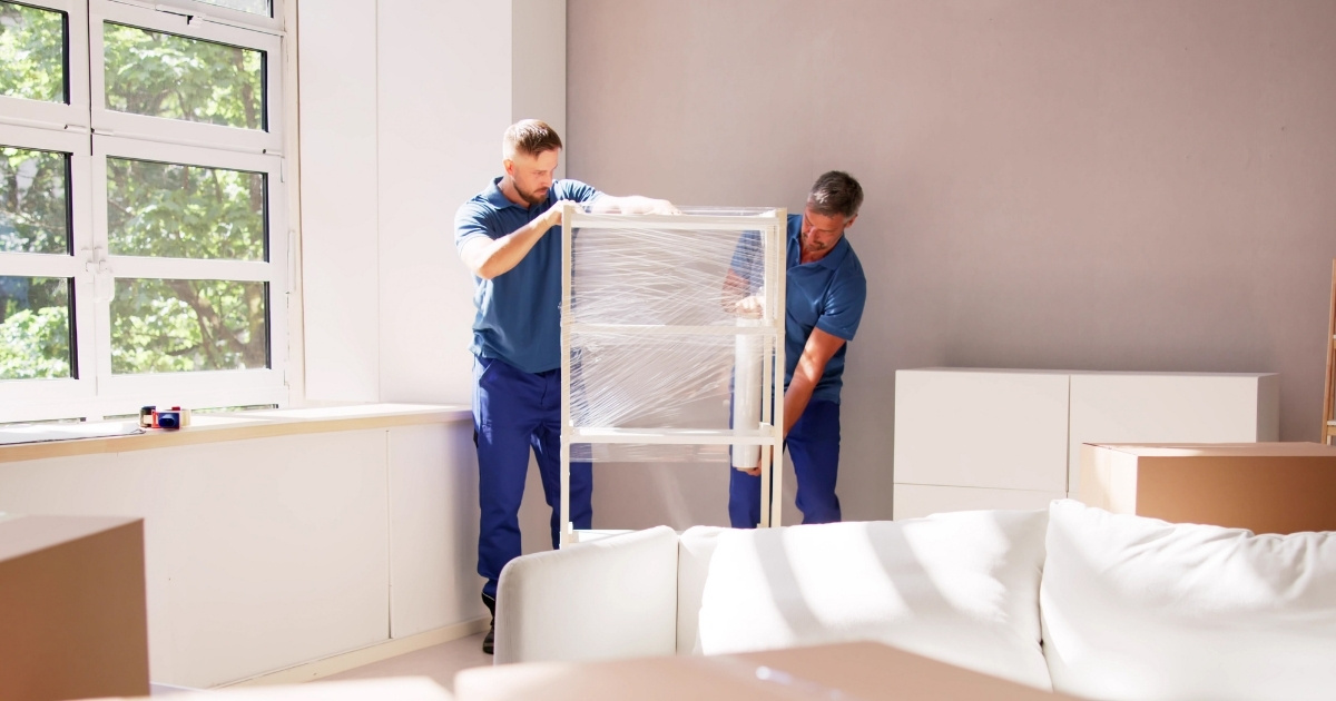 Two New Jersey senior moving services professionals wrapping furniture with the utmost care in a room